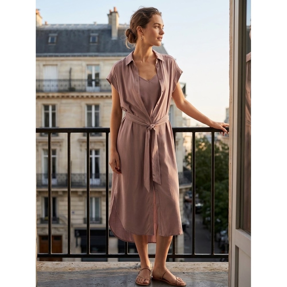 Club Monaco Silk Shirt Dress Mauve Pink Belted Midi 00 Detachable Lining